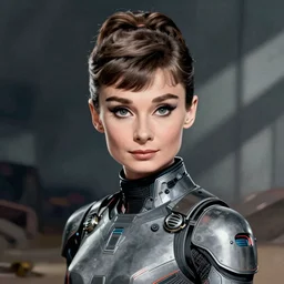 audrey hepburn cylon, detailed cyberpunk illustration by tim doyle
