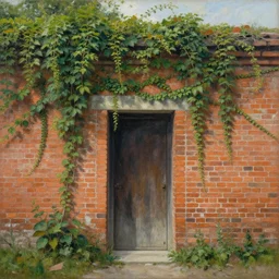 a beautiful painting of an ancient brick wall covered in vines overgrowing a closed portal, landscape, 8 k, photorealism