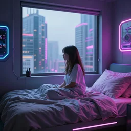 « inside a girl room, cyberpunk vibe, neon glowing lights, sharp focus, photorealistic, unreal engine 5, girl in the bed, window that shows the skyscrapers in the background »