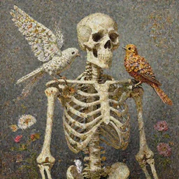a painting of a skeleton with a bird on its shoulder, a digital painting by Chris LaBrooy, cgsociety, vanitas, made of flowers, poster art, rendered in cinema4d