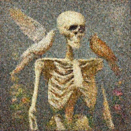 a painting of a skeleton with a bird on its shoulder, a digital painting by Chris LaBrooy, cgsociety, vanitas, made of flowers, poster art, rendered in cinema4d