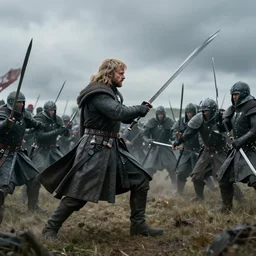 dramatic cinematic artwork of Stannis Baratheon fighting in a battle against Bolton army, Game of Thrones, Battle of the Bastards by Greg Rutkowski, 4k, masterpiece, sun rays