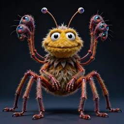 a high quality photo of a strange insectoid muppet god with furry fuzzy body and many segmented legs and hypnotic eyestalks, absurdist fantasy, sharp focus, vibrant, vivid, symmetry, highly detailed, cinematic, intricate lines, concept art by giger, lisa frank, wayne barlowe