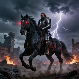 a large man in full plate of black armor, splattered in blood, steaming rising, riding a large black horse with red glowing eyes and red wisps emanating from horses eyes, blackened clouds cover sky crackling with lightning and rain in the distance, a castle in distance in flames and ruins, the ground is dark and cracked,