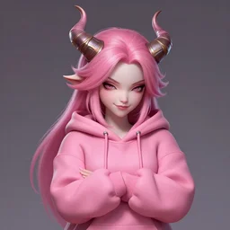 a highly detailed illustration of cute smug pink haired pale girl with curved horns wearing oversized pink hoodie, dramatic smirk pose, intricate, elegant, highly detailed, centered, digital painting, artstation, concept art, smooth, sharp focus, league of legends concept art, wlop.