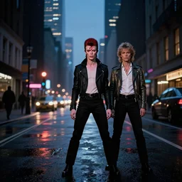 David bowie and Michael c hall standing in the streets, nightlife, cityscape, surrealist