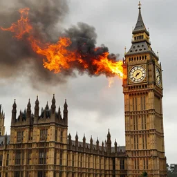 the big ben of london is on fire and lava is pouring out of the clock, realism, realistic, hdr,