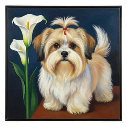 portrait of a havanese dog with calla lillies, mexico, painting # by diego rivera 1 9 3 5