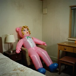 bored housewife meets a confused inflatable toy in a seedy motel room, 1978 color Fellini film, ugly motel room with dirty walls and old furniture, archival footage, technicolor film, 16mm, live action, John Waters, campy and colorful