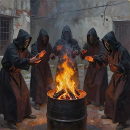 several hooded disciples in purge masks, gathered in a brutalist courtyard, performing incantations over a fire in a barrel, by PJ Crook, oil on canvas