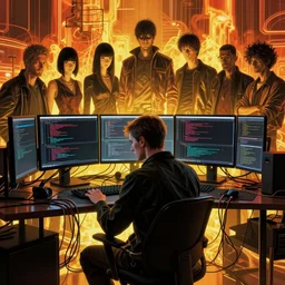 dark cyberpunk man coding, a lot of cables around, by francis bacon, by ayami kojima, by amano, by karol bak, greg hildebrandt, by mark brooks, by alex grey, by zdzisław beksinski, by takato yamamoto, wrapped thermal background