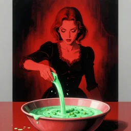 linda blair throwing up pea soup, in the style of beksinski, red, black, glowing, vibrant, chiaroscuro, high detail, perfect artwork, clean lines