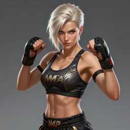 a highly detailed illustration of short platinum blonde haired woman wearing mma bra, heroic muay thai stance pose, muscular, intricate, elegant, highly detailed, centered, digital painting, artstation, concept art, smooth, sharp focus, league of legends concept art, WLOP