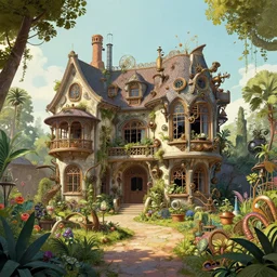 a photo of a concept architecture art house steampunk garden, style brutalism, extremely detailed, sharp focus, wide view, smooth, digital illustration, colorfull, by william turner, by alphonse mucha