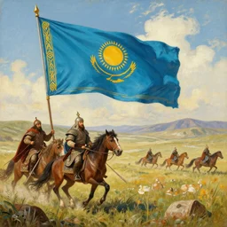 Kazakh Khanate, medieval fantasy, landscape painting, Turkic flag, warriors