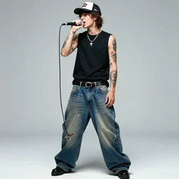 19-year-old boy wearing baseball cap and baggy jeans, tattoos, singing into microphone, 2002 alternative metal, nü metal, VHS quality, MTV