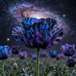detailed, intricate blue black and purple papaverum flower on the field, nebula, galaxy in the sky