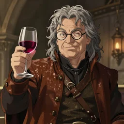 portrait of George R.R. Martin as Tyrion Lannister wearing glasses with grey hair, raising a glass of red wine, one eyebrow raised, fantasy leather clothing, ambient lighting, 4k, anime key visual, lois van baarle, ilya kuvshinov, rossdraws, artstation