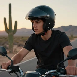 close - up photo of young man riding a motorcycle on a desert road, wearing a black modular helmet, mountains in background, large cactus on one side, sunset, cinematic, octane, 4 k, 8 k, art gallery masterpiece by louis klemantaski and james moy