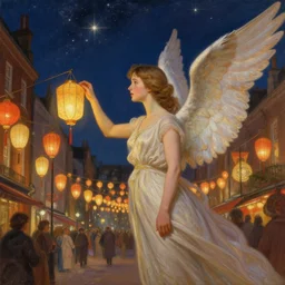 a beautiful painting of a winged angel resembling millie bobby brown watching the lantern festival in ancient london, at night with a sky full of stars, intricate, elegant, highly detailed, digital painting, artstation, concept art, by krenz cushart and artem demura and alphonse mucha