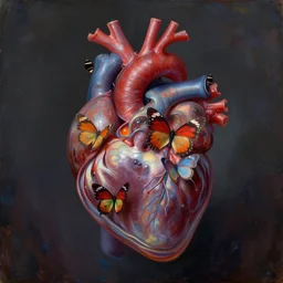 whimsical imaginal cephalopods emerging like butterflys from a cocoon that looks like a photorealitic anatomical visceral human heart, in the surreal style of an oil painting by leonora carrington
