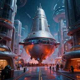 a bulbous zaha hadid space-station city street interior inspired by a nuclear reactor submarine and maschinen krieger, ilm, beeple, star citizen halo, mass effect, 2001 space odyssey, elysium, iron smelting pits, cool saturated colours, atmospheric perspective