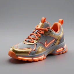 realistic 8 k sculpture of 1 cyberpunk sneaker with neon illuminated rubber soles and soft orange shoelaces on a textured grey surface, clean 3 d render, beautiful studio lighting, soft, sharp focus, cyberpunk, intricate detail, gold and red accents, soft rubber, octane render, trending on artstation, deviantart, art by syd mead