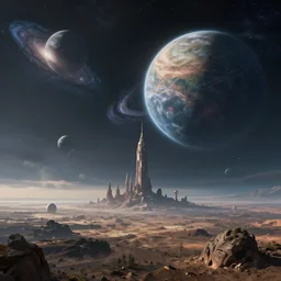 on a alien planet with planets and galaxies in the skyline, 4k, HDR, award-winning, landscape, octane render, artstation