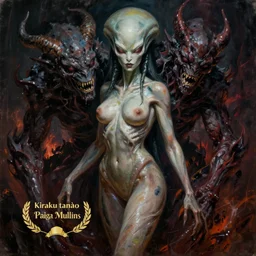 ultra realist horror painting of a dimly back lit attractive alien female and hellish creature together, very intricate details, focus, curvy figure, model pose, full frame image, artstyle hiraku tanaka and craig mullins, award winning