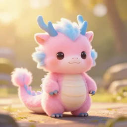 a cute pink and blue fluffy dragon, golden hour, bokeh, narrow depth, 8 0 mm f 1. 4, digital illustration by silverfox 5 2 1 3