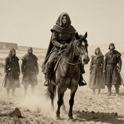 severely wounded female desert stalker, middle ages, lonely rider, covered head, full body | | realistic shaded, fine details, realistic shaded lighting poster by greg rutkowski, diego gisbert llorens, magali villeneuve, artgerm, jeremy lipkin and rob rey