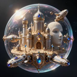 space ship, half soap bubble mind, half symetrical highly detailed ornate with jewels and precious metals futuristic, half sandman kingdom, half kingdom of dreams, space ships, hiperrealistc, global illumination, radiant light, art by tony sart