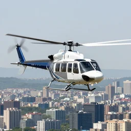 a 5 0's helicopter flying over the city