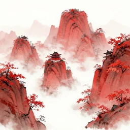 a lot of mountain, maples, china style, red hue, artstation