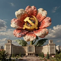 giant grotesque flower made from communist dreams in the middle of abandoned post soviet constructivist cityscape, Stalinist architecture, ultradetailed by Hayao Miyazaki and Josan Gonzalez and Makoto Shinkai and Giuseppe Arcimboldo and Wes Anderson