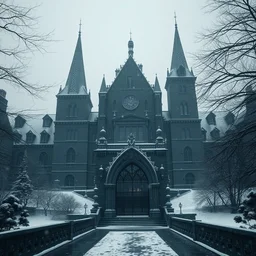 the university of magic, campus of black building with a magnificent gate, digital art, cinematic, scenic view, overcast snowing, matte painting by greg rutkowski and emmanuel shiu and john atkinson grimshaw, trending on artstation, 4 k