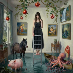 painting of a flooded artist's apartment and a tall emo girl holding an infinite ladder, a pork horse, paintings on the wall, pomegranates, vines, waterfall, pigs, octopus, canoe, berries, zen, sensual, surrealist painting by magritte and monet