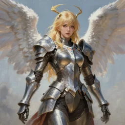 an angel woman with blonde hair and wings wearing steel armor, a detailed painting by pu hua, trending on artstation, fantasy art, artstation hd, detailed painting, anime aesthetic