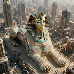 an aerial scene of the beautiful intricate epic futuristic cybernetic sphinx in a cyberpunk pharaoh city, hyper detailed, cinematic lighting