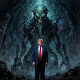 Portrait of Donald Trump as Cthulhu by Zdzisław Beksiński, caretaker, eldritch, cosmic horror, darkwave, concept by Alastair Reynolds