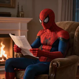 in the evening, in a cozy twilight in an armchair by the fireplace, spider - man reads a paper, realistic light, soft light, focus, depth of field, photorealism, quality 8 k, high quality, realistic style, painting of the era of classicism