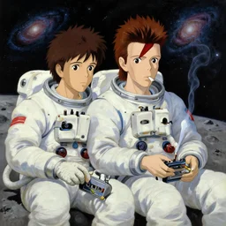 close up portrait of david bowie and astronaut major tom sit on the dark side of the moon, listen to pink floyd on an old cassette recorder and smoke a ganja joint, enjoying the contemplation of deep space with millions of galaxies : baroque oil painting anime, by greg rutkowski, makoto shinkai takashi takeuchi studio ghibli