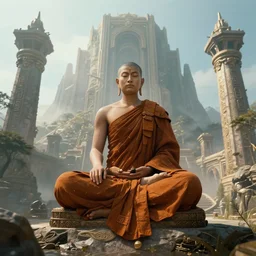 buddhist monk in the Lost city of Atlantis, morning, eimagined as a cyberpunk dystopia,highly detailed digital art