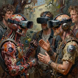 junky men's conversation, cybertronic gadgets and vr helmet, durty colours, rotten textures, rusty shapes, flesh + technology, biotechnology, norman rockwell, tim hildebrandt, dariusz zawadzki, bruce pennington, larry elmore, intricate, hyperrealistic oil painting on canvas, deep depth field, cinematic composition, hyper - detailed