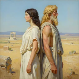 A very detailed aesthetic figure painting titled 'The ancestor Gods' description 'Hera and Zeus posing back to back' by Takashi Murakami and Wayne Barlowe, the desolate plains of greece in the background, Trending on cgsociety artstation, 8k, masterpiece, highly detailed.
