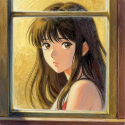 recursive image with a girl looking through window, large eyes, her long hair flowing, anatomically correct, oil pastels and gold, in the style of katsuhiro otomo, modeled in poser, redshift render, uhd