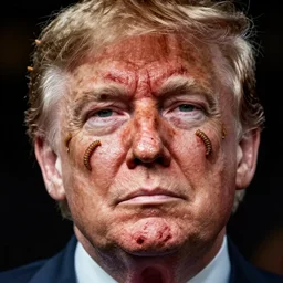 infected donald trump, maggots crawling on face, bloody scratched, veigns, war photography
