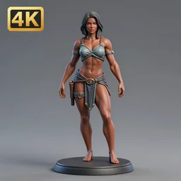 80mm resin detailed miniature of a beautiful muscular female, clothed in worrier armor, brown skin, short dark hair, beautiful bone structure, symmetrical facial features, Product Introduction Photos, 4K, Full body