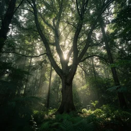 fabulous, sombre, spectacular tree in a thickly vegetated forest, fantasy, dreamlike sunraise, ultra realistic, ultra detailed