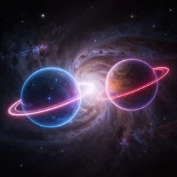 Two neon astral planets colliding with each other, located in the middle of a nebula. matte painting, concept art hyperdetailed